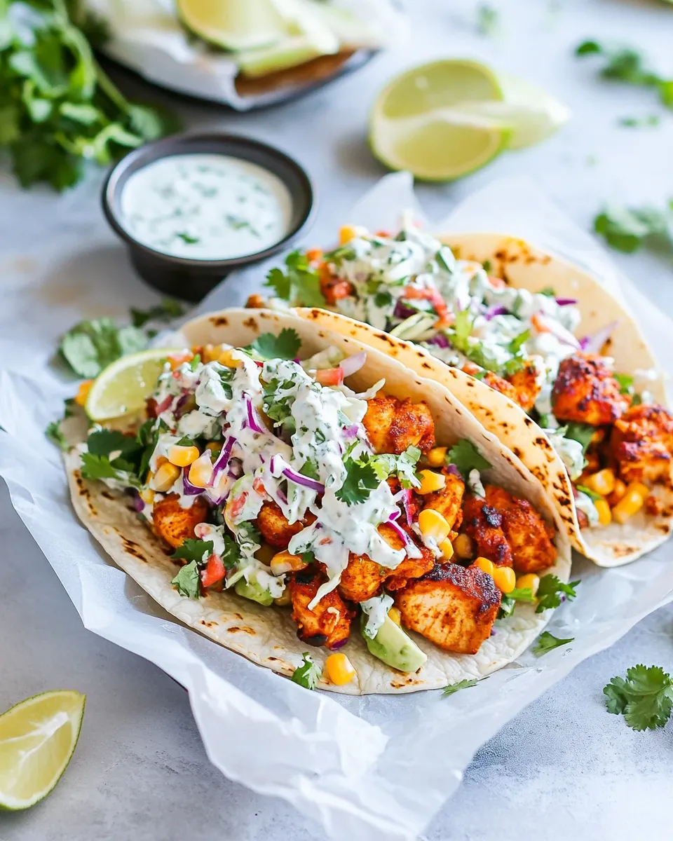 Delicious Fiery Tandoori Chicken Tacos With Cilantro Corn Slaw plate image