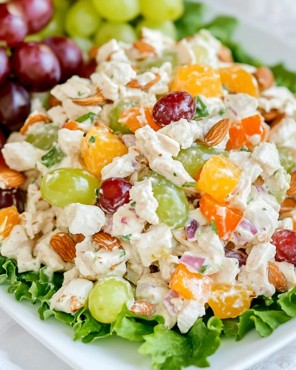 Delicious Fruity Chicken Salad Recipe: Sweet and Savory Perfection with Grapes and Almonds food shot