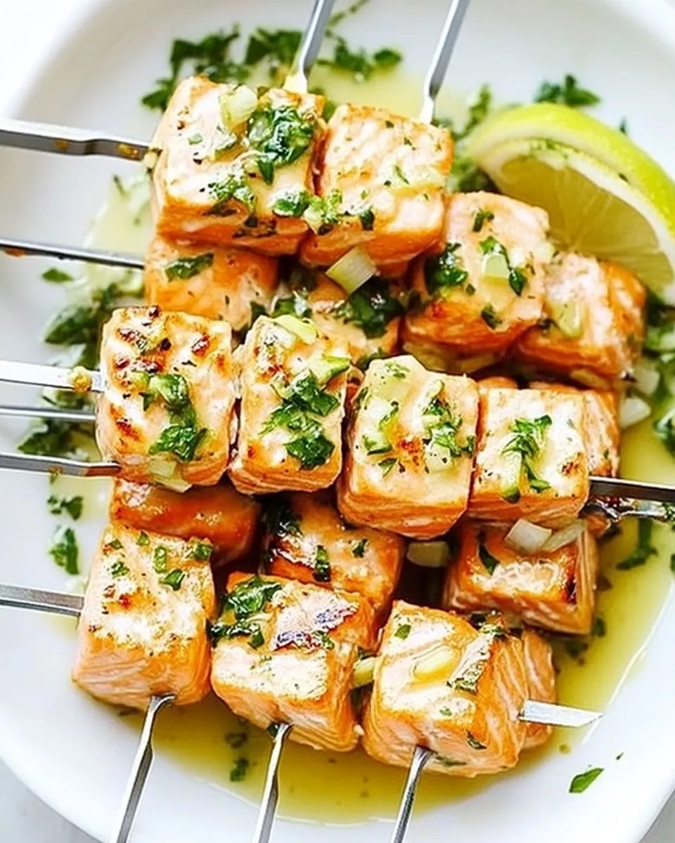 Homemade Garlic Butter Salmon Kebab food shot