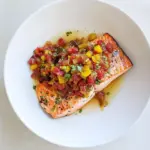 Homemade Garlic Butter Salmon with Caramelized Shallot Relish. recipe photo