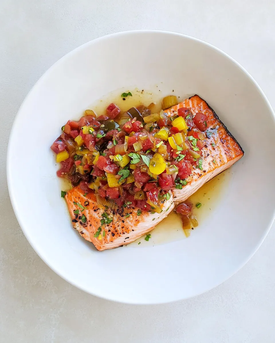 Homemade Garlic Butter Salmon with Caramelized Shallot Relish. recipe photo