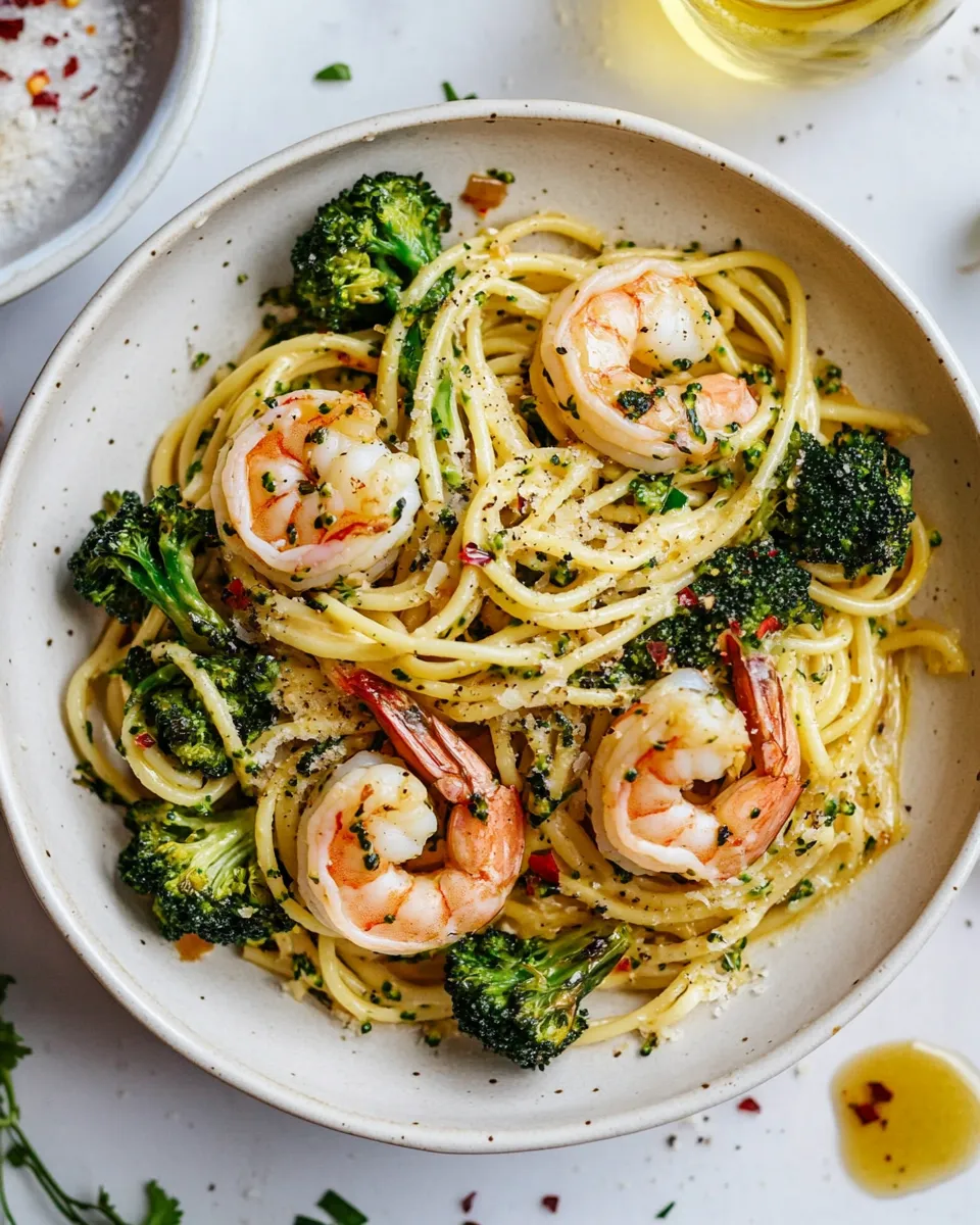 Homemade Garlic Sauce Bucatini with Roasted Shrimp and Broccoli. photo