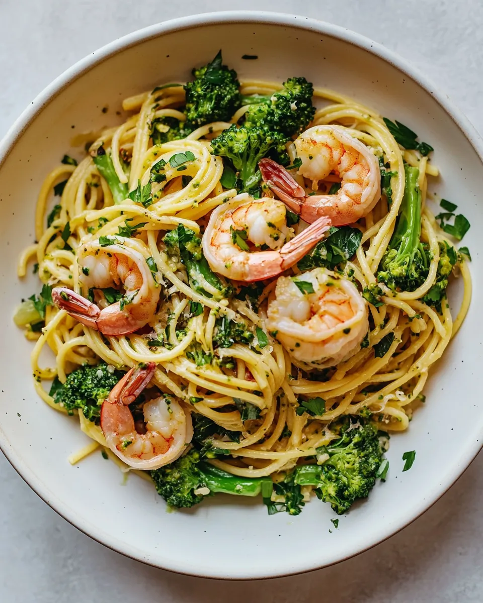 Classic Garlic Sauce Bucatini with Roasted Shrimp and Broccoli. image