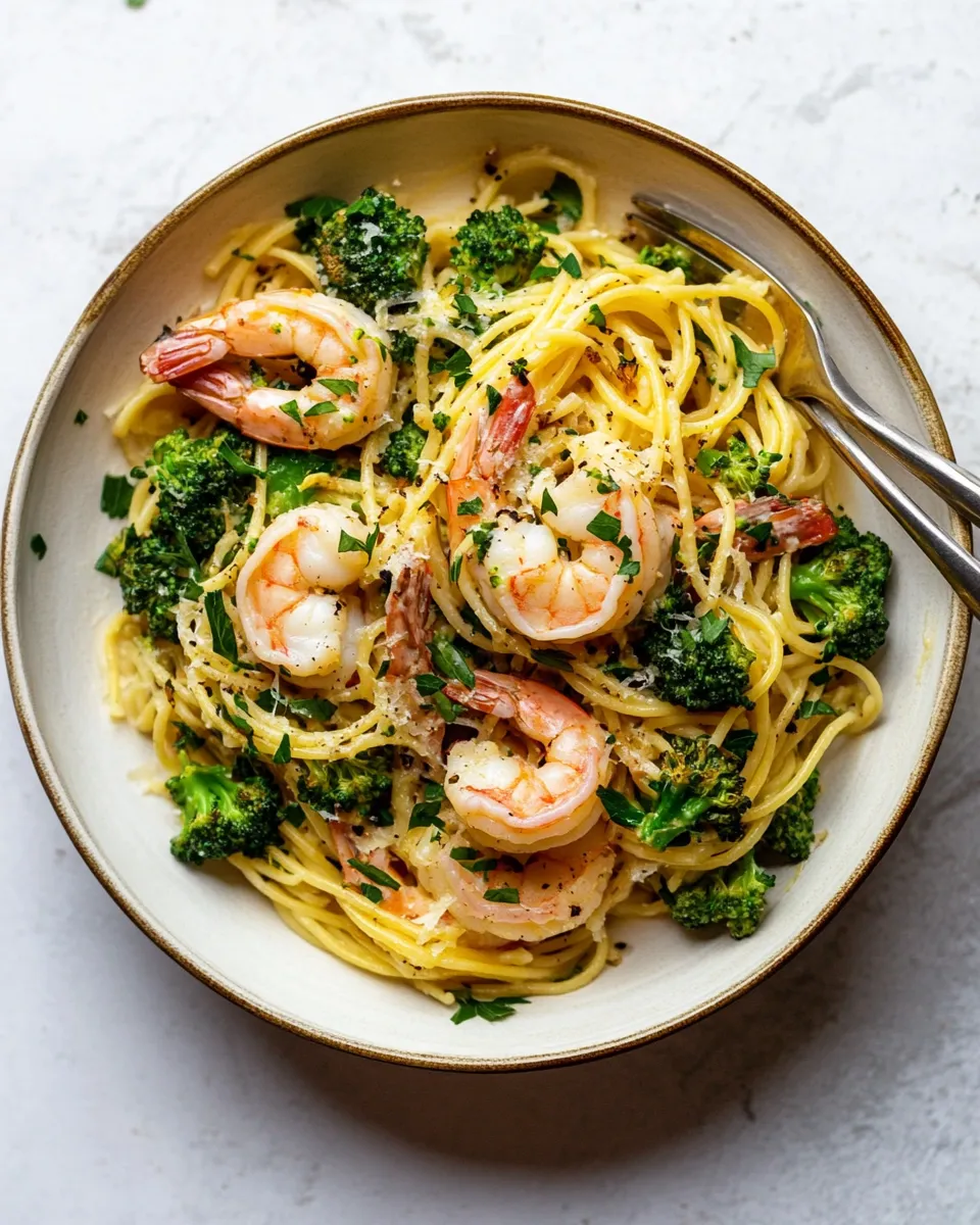 Easy Garlic Sauce Bucatini with Roasted Shrimp and Broccoli. picture