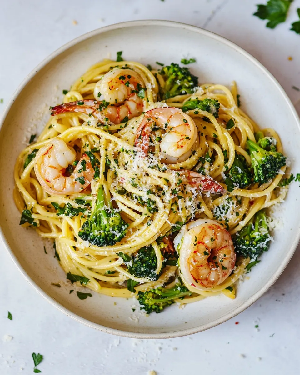Delicious Garlic Sauce Bucatini with Roasted Shrimp and Broccoli. shot