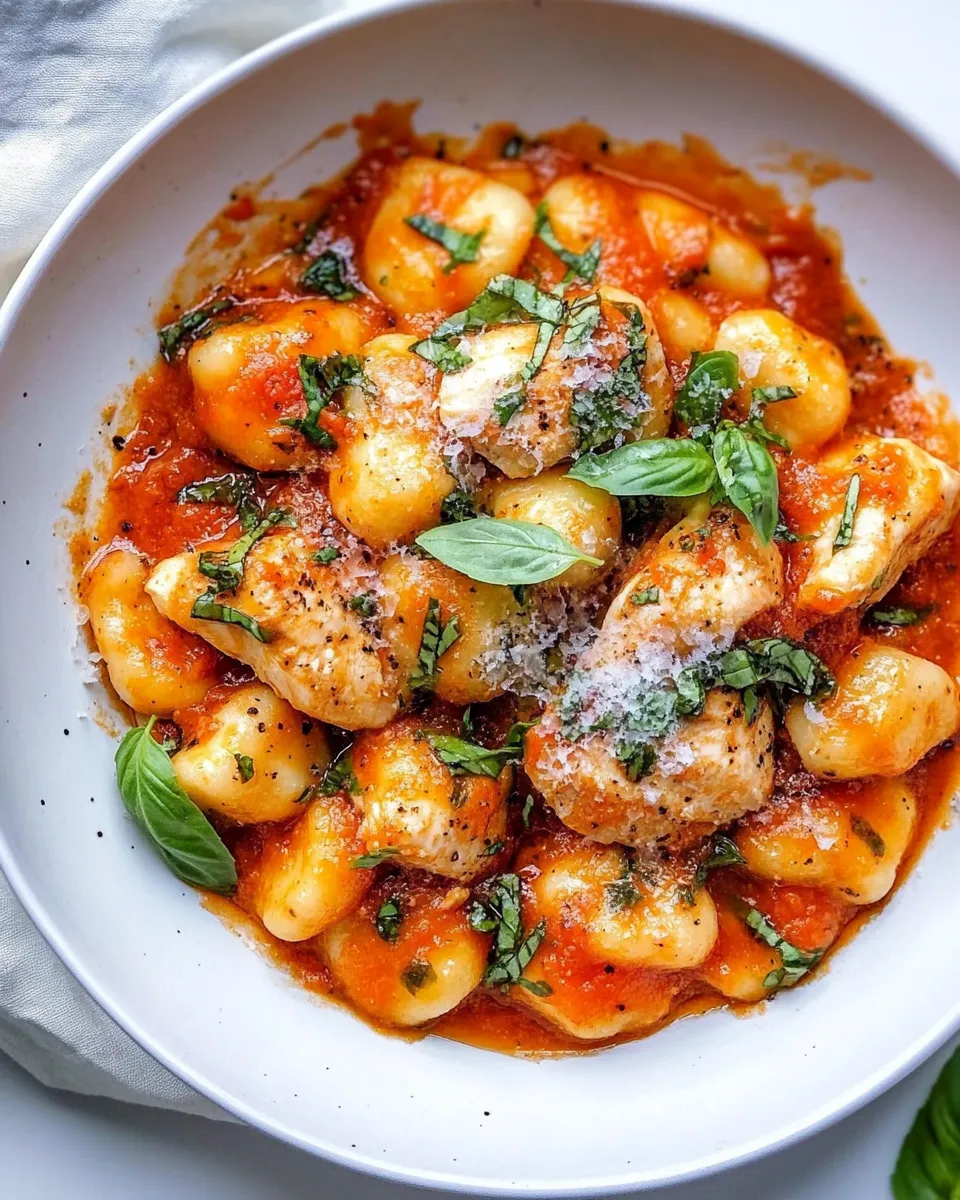Delicious Gnocchi with Grilled Chicken in Roasted Red Pepper Sauce shot