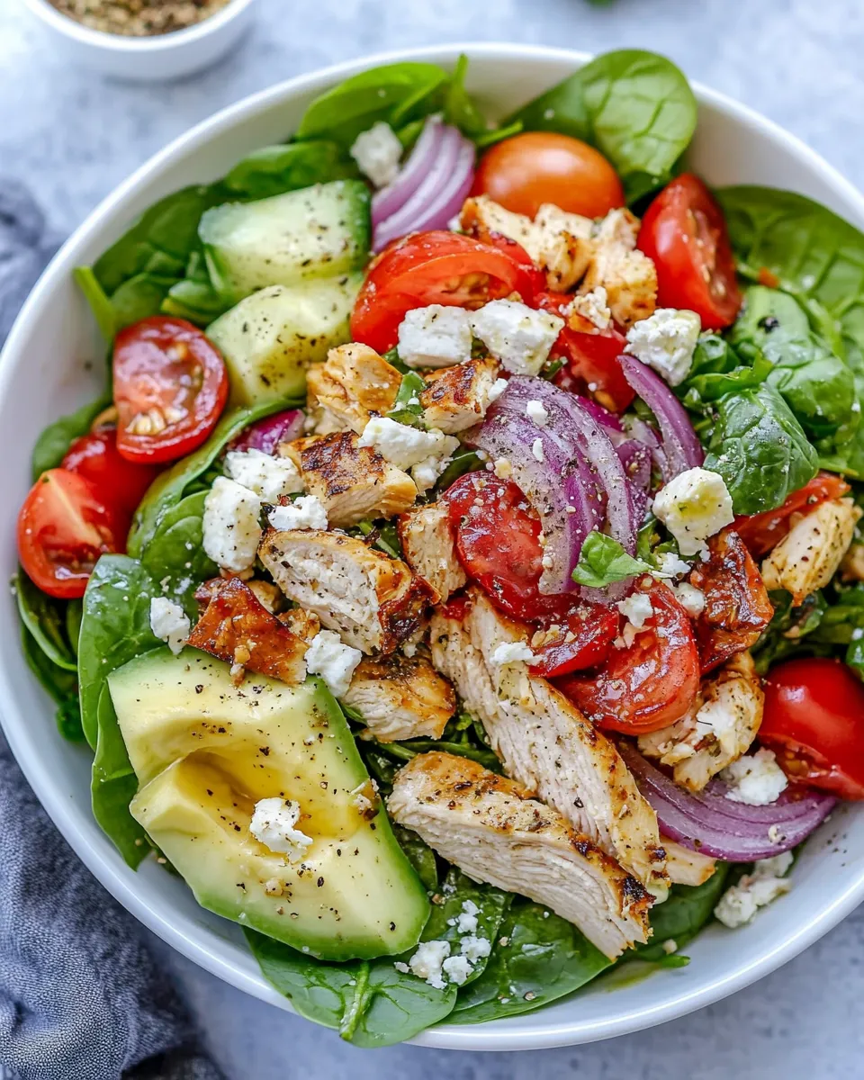 Delicious Greek Chicken Spinach Salad food shot