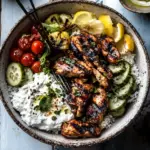 Homemade Greek Lemon Chicken Bowls with Sizzled Mint Goddess Sauce. recipe photo