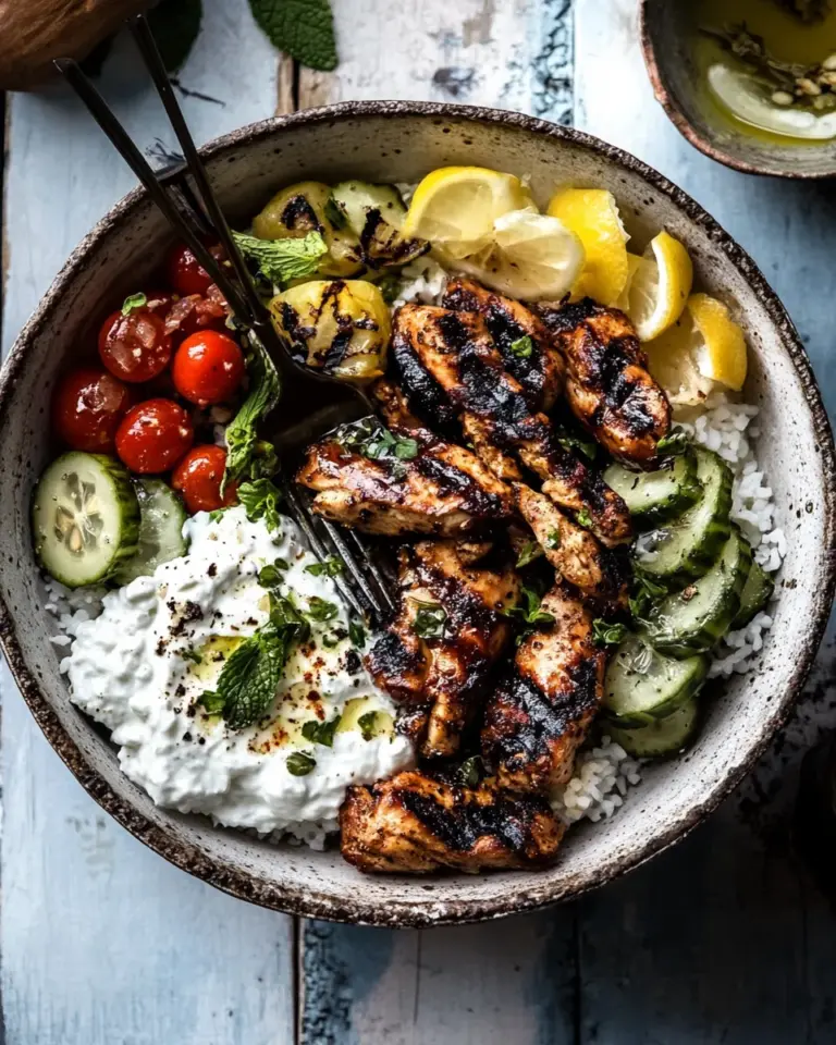 Homemade Greek Lemon Chicken Bowls with Sizzled Mint Goddess Sauce. recipe photo