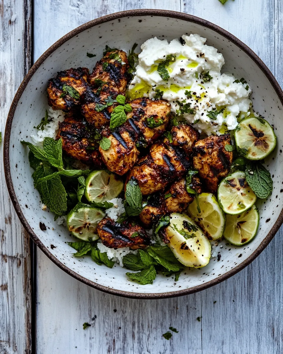 Classic Greek Lemon Chicken Bowls with Sizzled Mint Goddess Sauce. dish photo