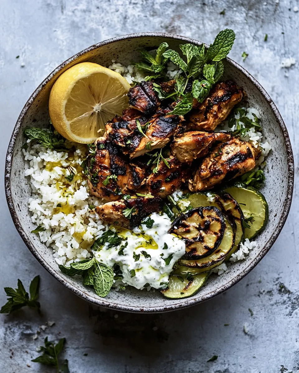 Easy Greek Lemon Chicken Bowls with Sizzled Mint Goddess Sauce. food shot