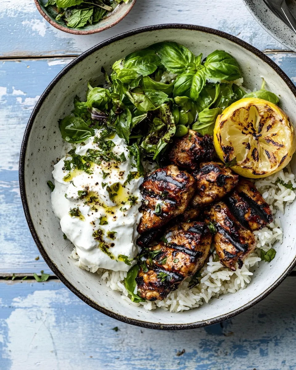 Delicious Greek Lemon Chicken Bowls with Sizzled Mint Goddess Sauce. plate image