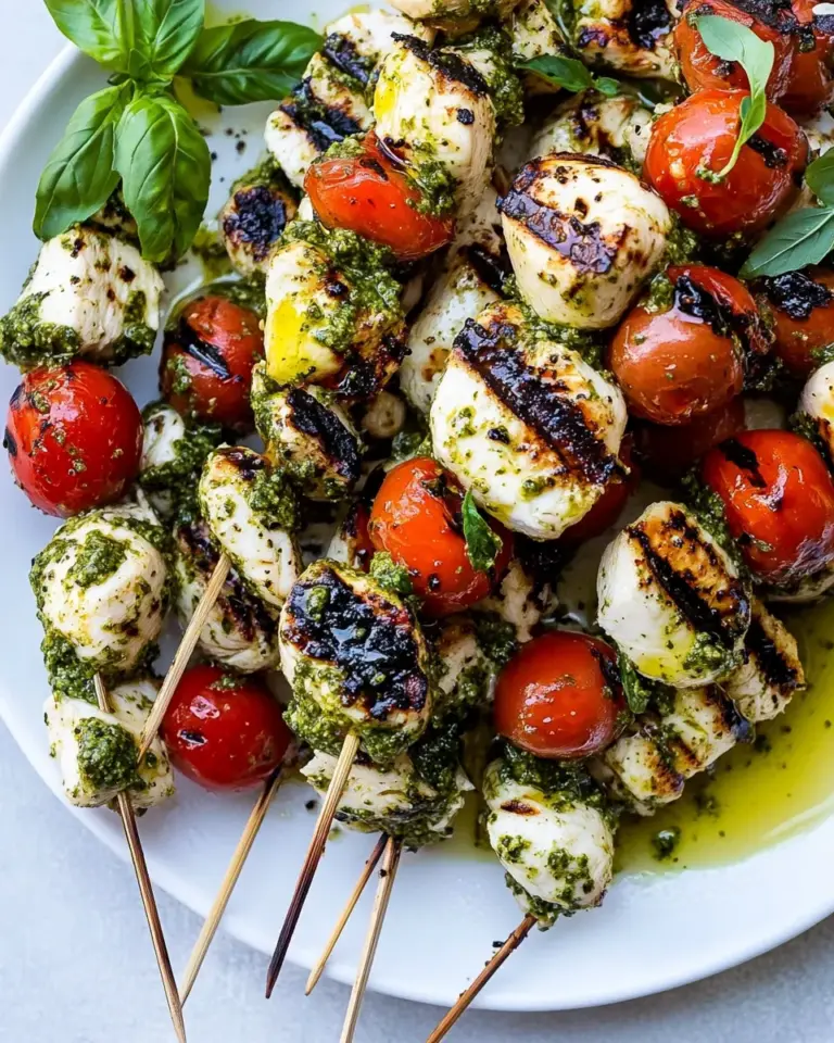 Homemade Grilled Caprese Pesto Chicken Skewers. recipe photo