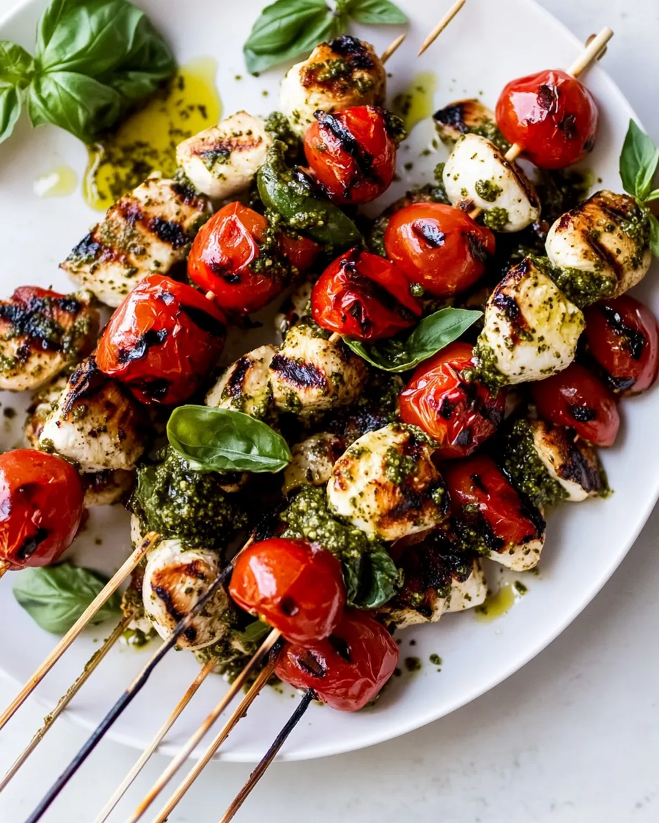 Easy Grilled Caprese Pesto Chicken Skewers. food shot