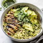Homemade Grilled Chicken Orzo Salad with Avocado. recipe photo
