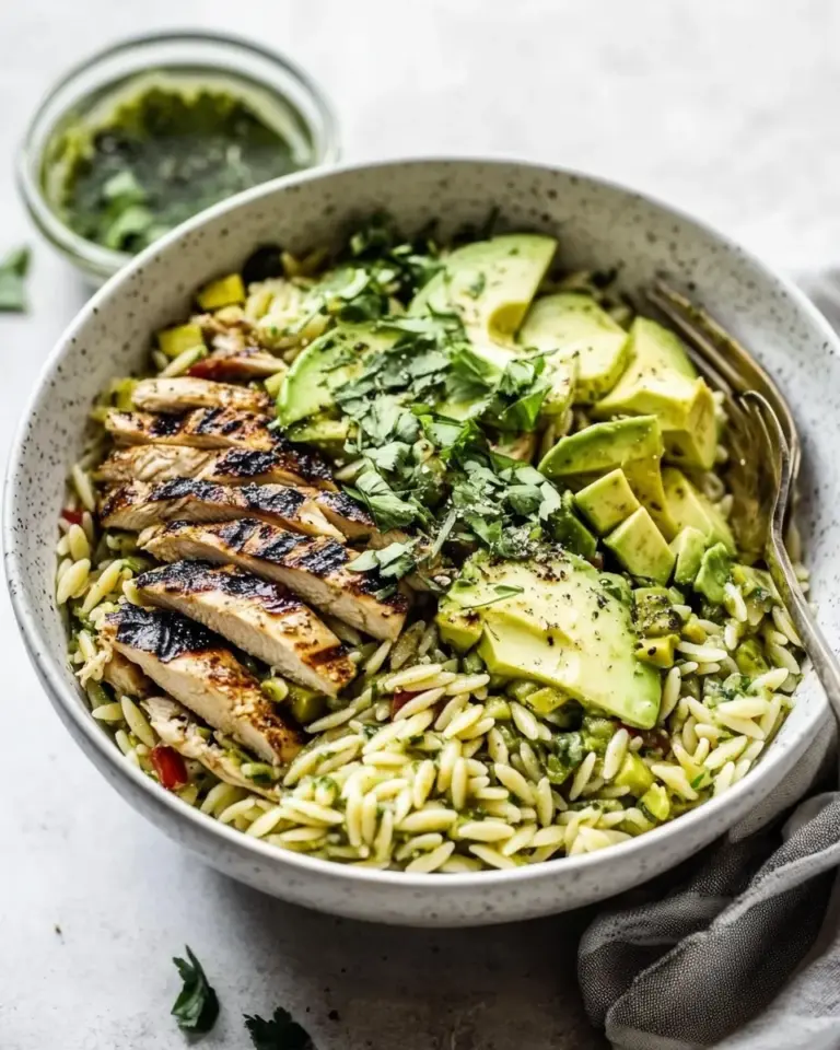 Homemade Grilled Chicken Orzo Salad with Avocado. recipe photo
