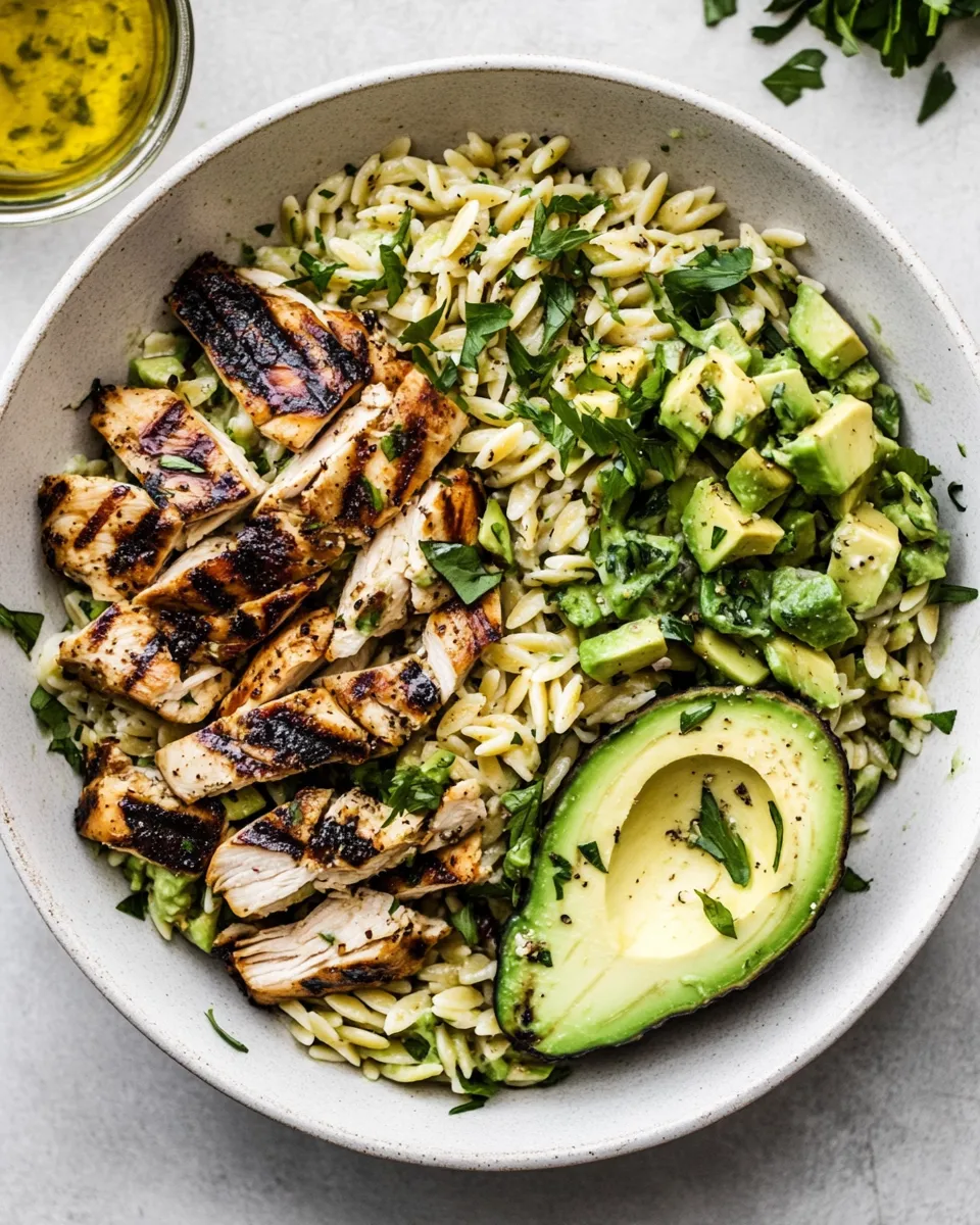 Classic Grilled Chicken Orzo Salad with Avocado. dish photo
