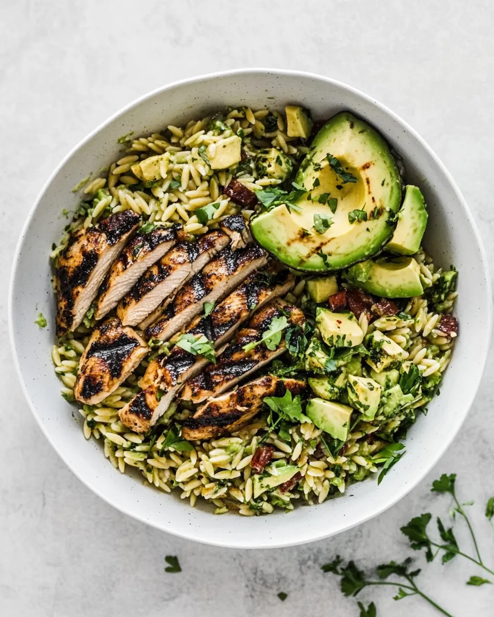Easy Grilled Chicken Orzo Salad with Avocado. food shot