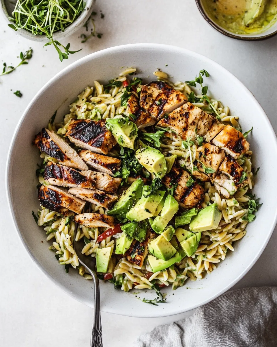 Delicious Grilled Chicken Orzo Salad with Avocado. picture