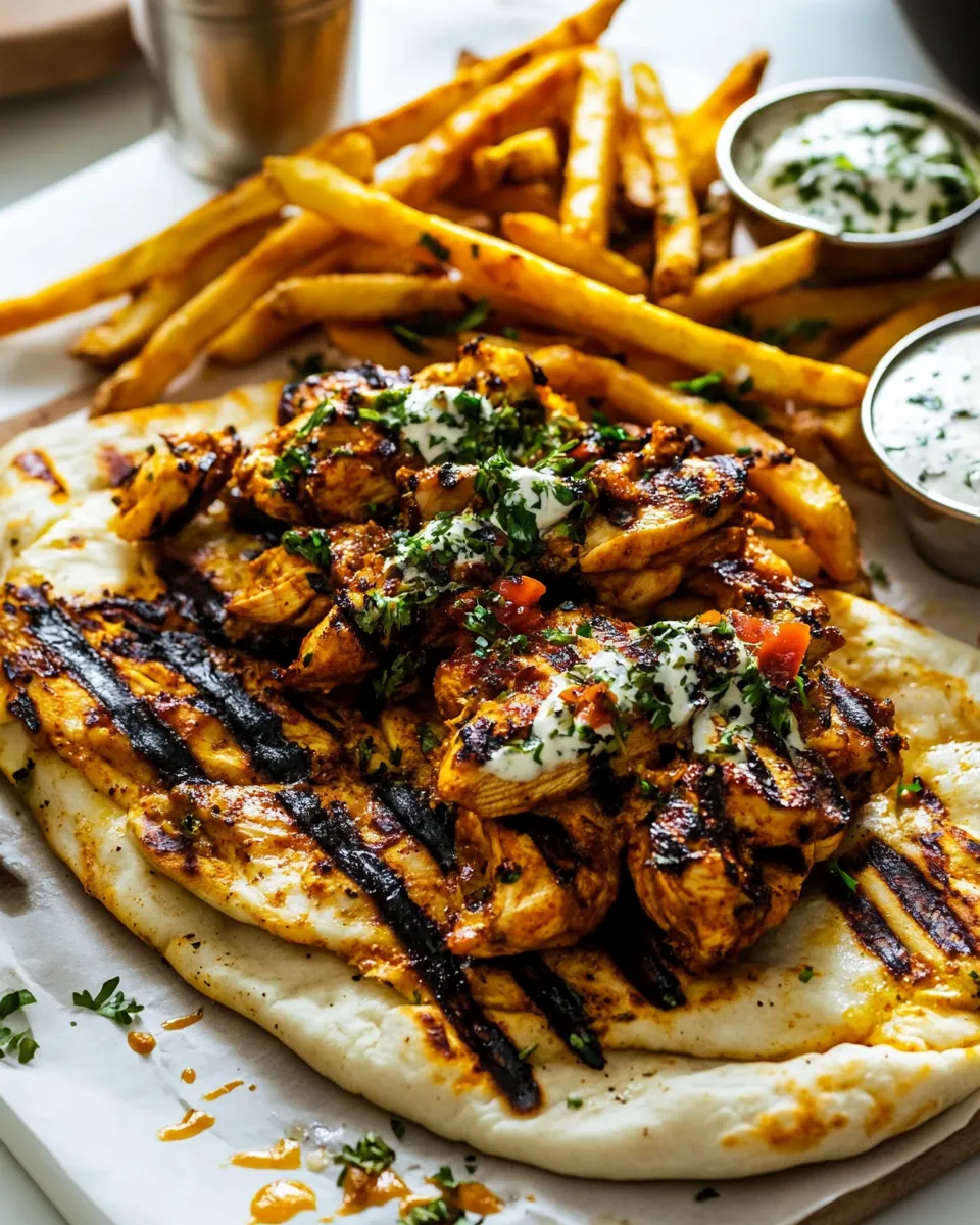 Classic Grilled Chicken Shawarma with Golden Butter Fries and Garlic Sauce. dish photo