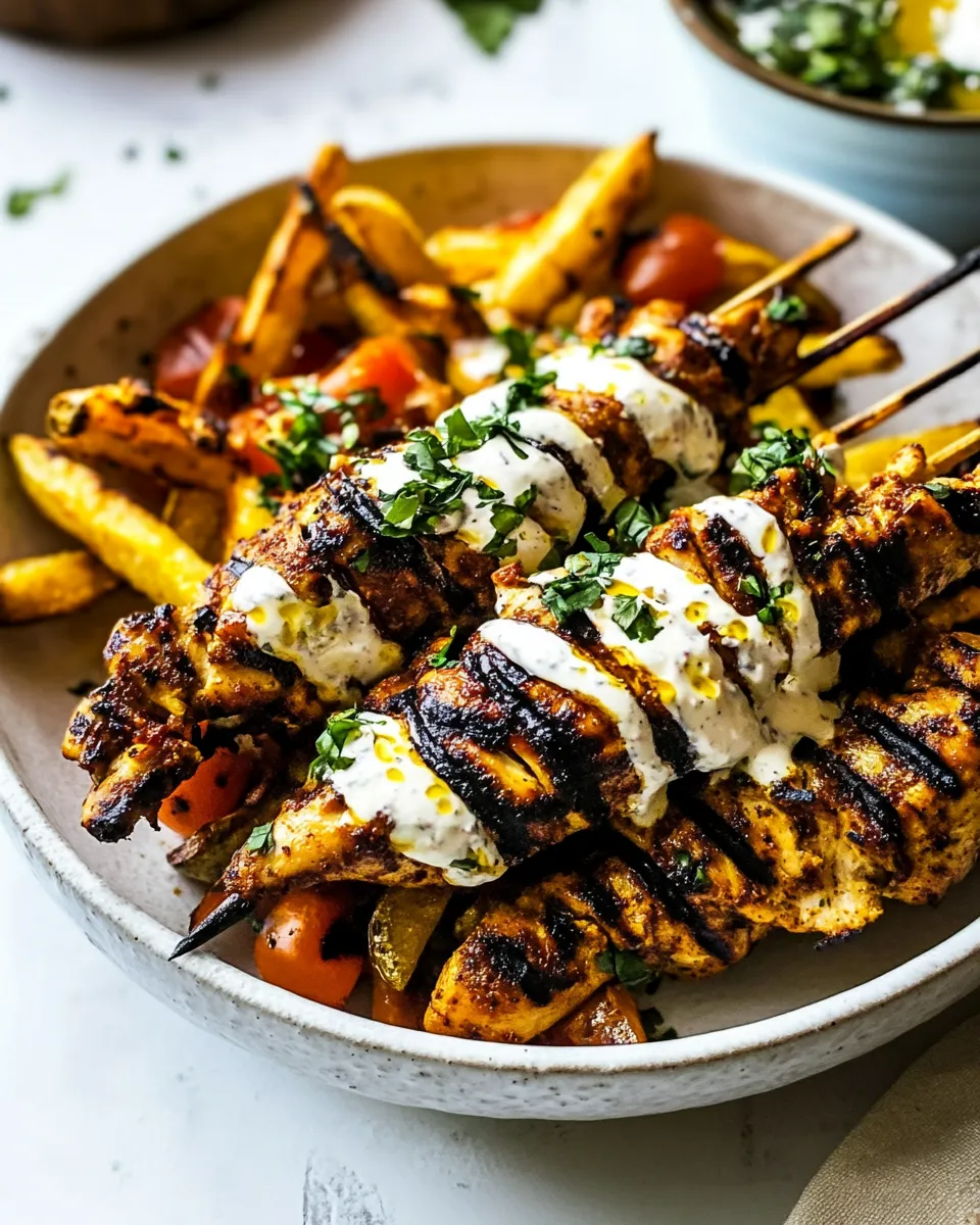 Easy Grilled Chicken Shawarma with Golden Butter Fries and Garlic Sauce. food shot