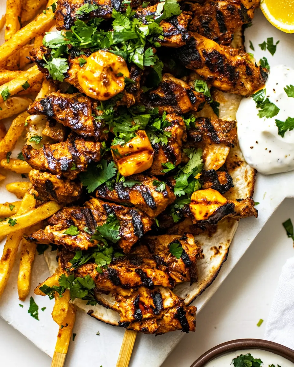 Delicious Grilled Chicken Shawarma with Golden Butter Fries and Garlic Sauce. plate image