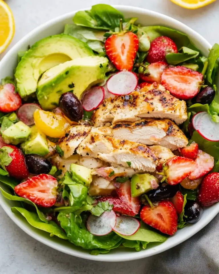Homemade Grilled Chicken, Strawberry, Avocado Salad with Citrus Dressing recipe photo