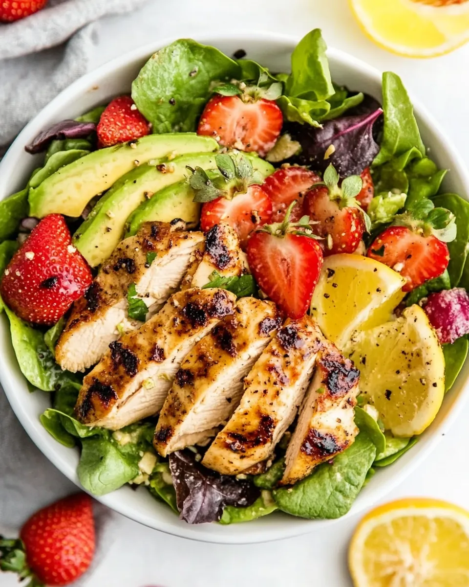 Delicious Grilled Chicken, Strawberry, Avocado Salad with Citrus Dressing food shot