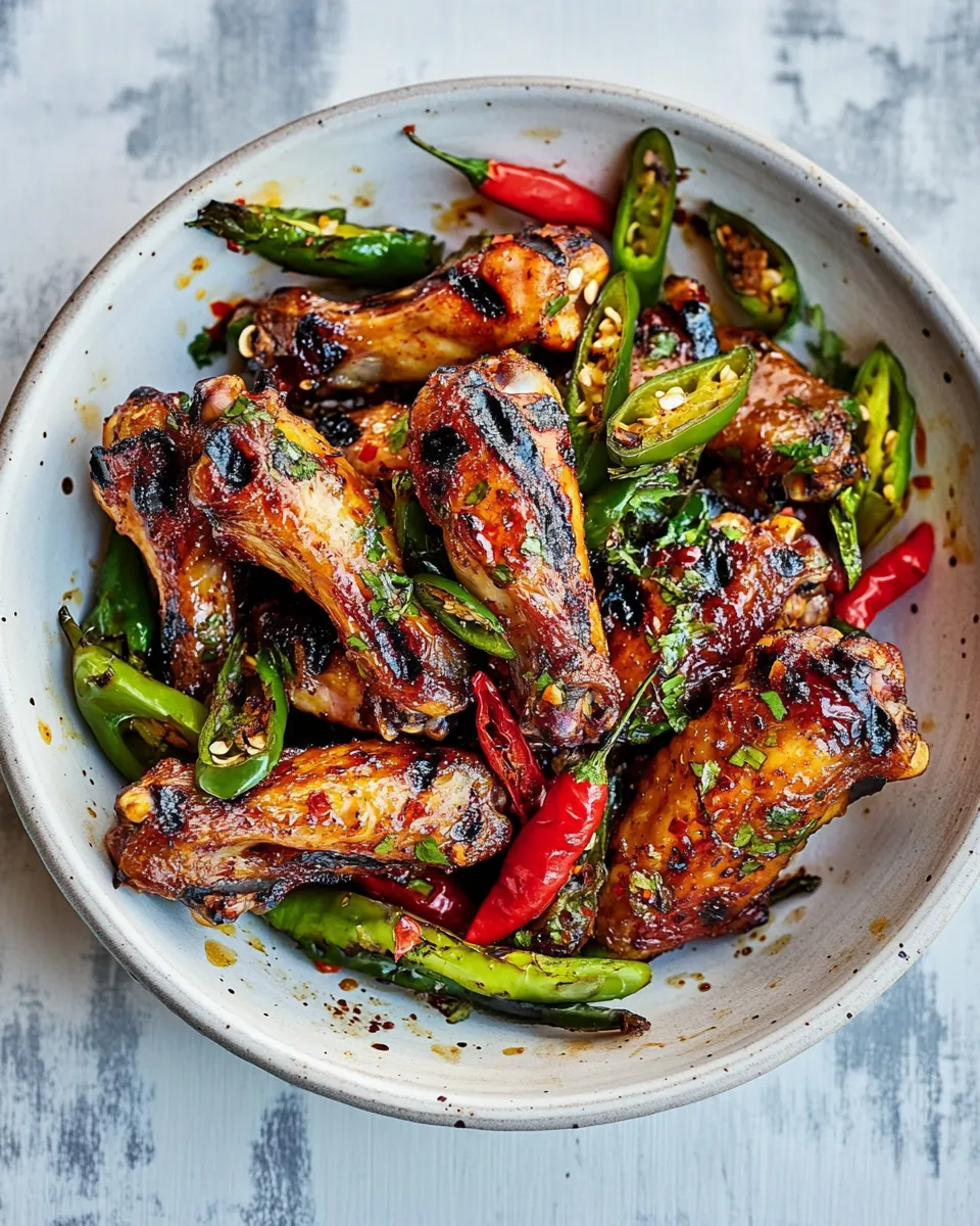 Homemade Grilled Chicken Wings with Shishito Peppers food shot