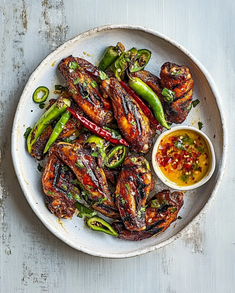 Tasty Grilled Chicken Wings with Shishito Peppers plate image
