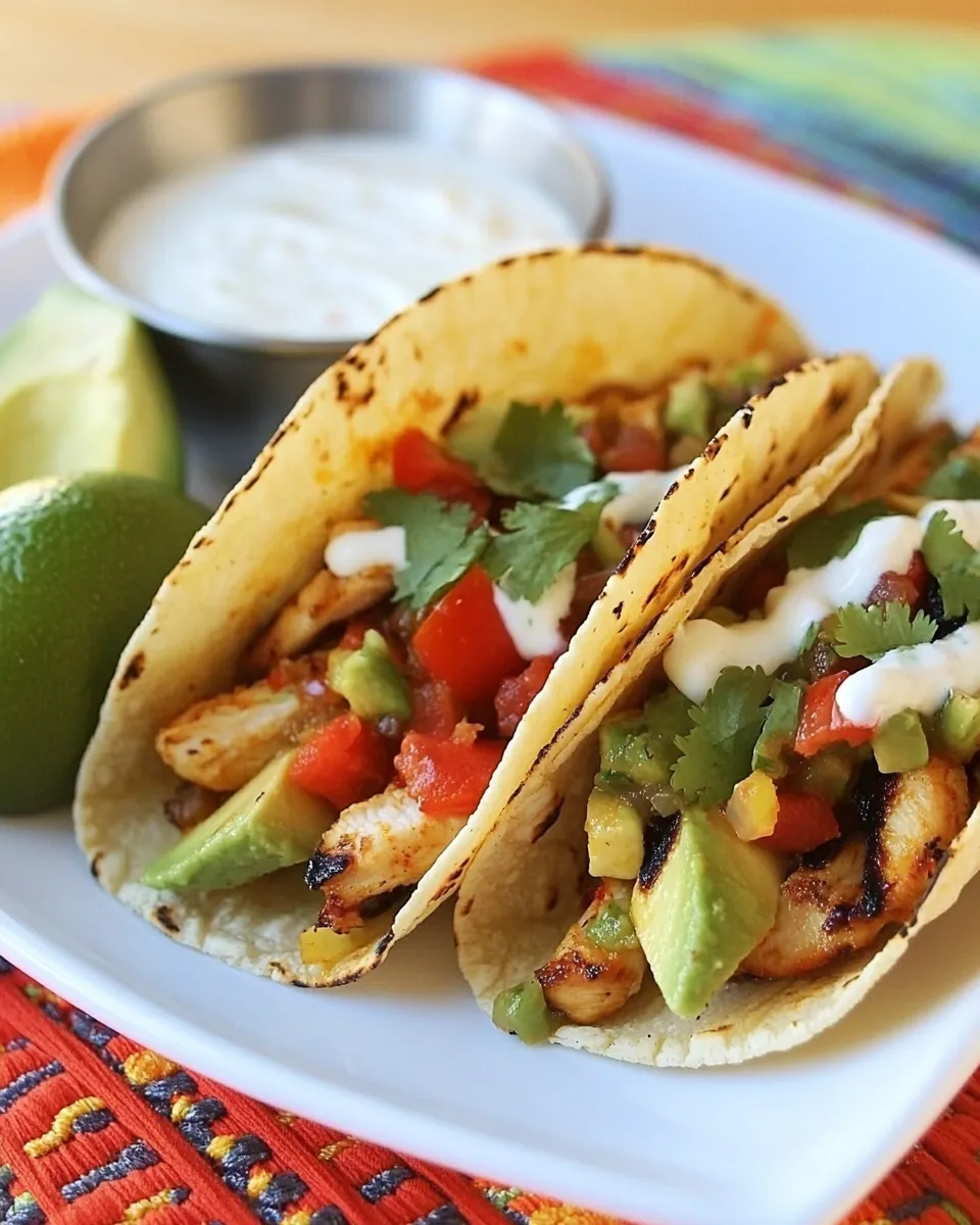 Delicious Grilled Chicken and Avocado Tacos with Cilantro Crema plate image