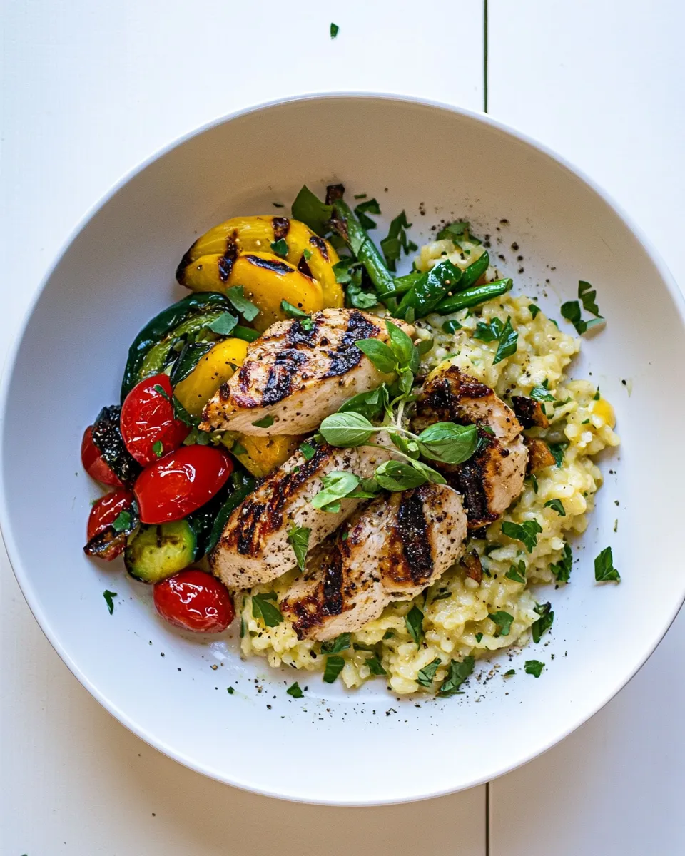 Homemade Grilled Chicken and Veggie Risotto food shot