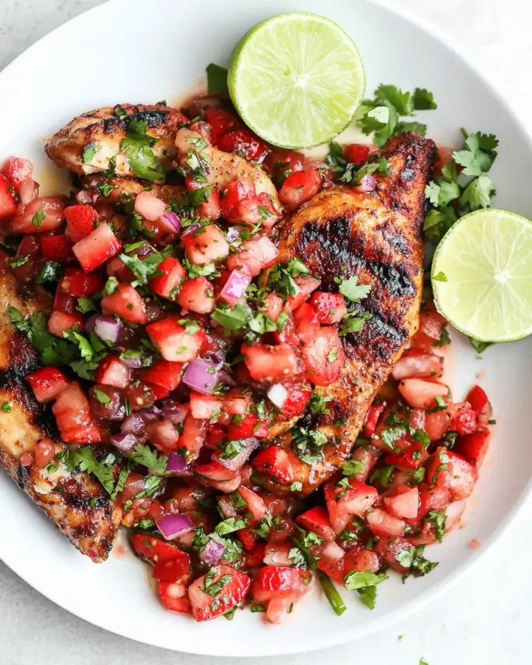 Delicious Grilled Chicken with Strawberry Salsa food shot