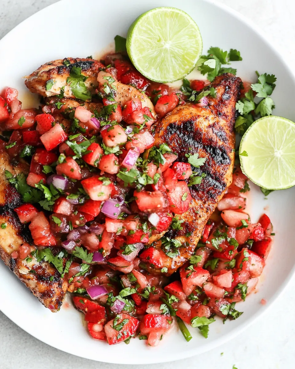 Delicious Grilled Chicken with Strawberry Salsa food shot