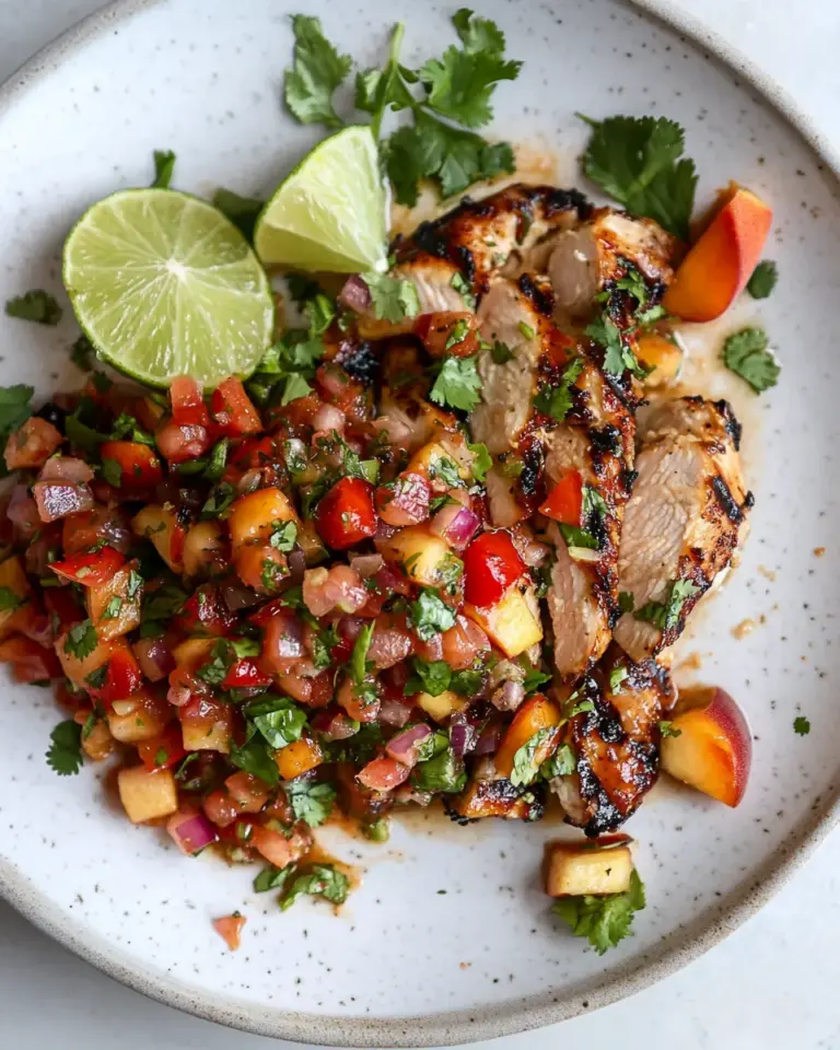 Homemade Grilled Cilantro Lime Chicken with Peach Pico de Gallo. recipe photo