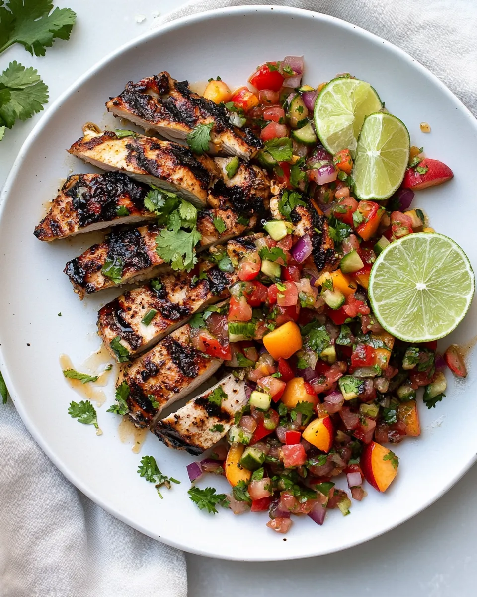Classic Grilled Cilantro Lime Chicken with Peach Pico de Gallo. dish photo