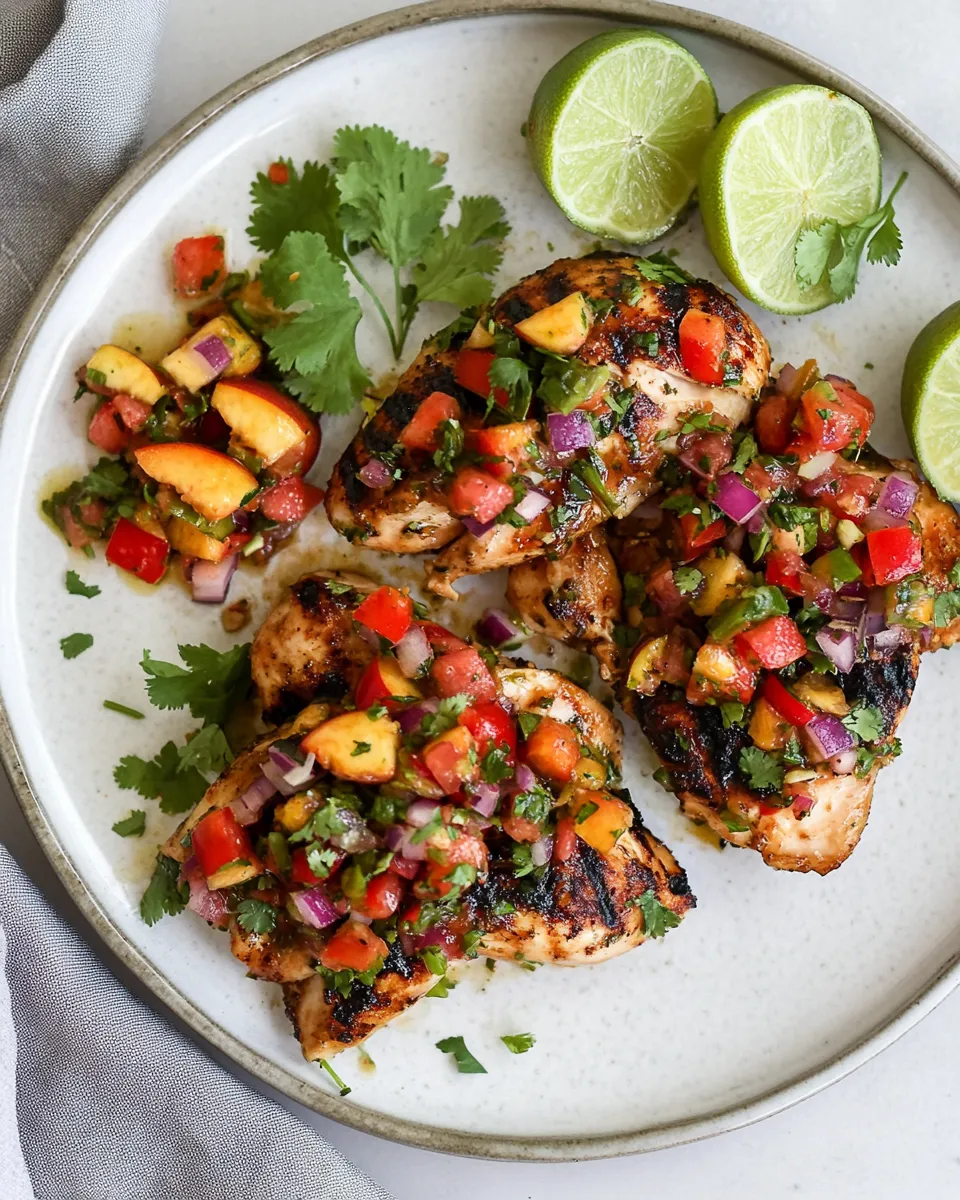 Easy Grilled Cilantro Lime Chicken with Peach Pico de Gallo. food shot