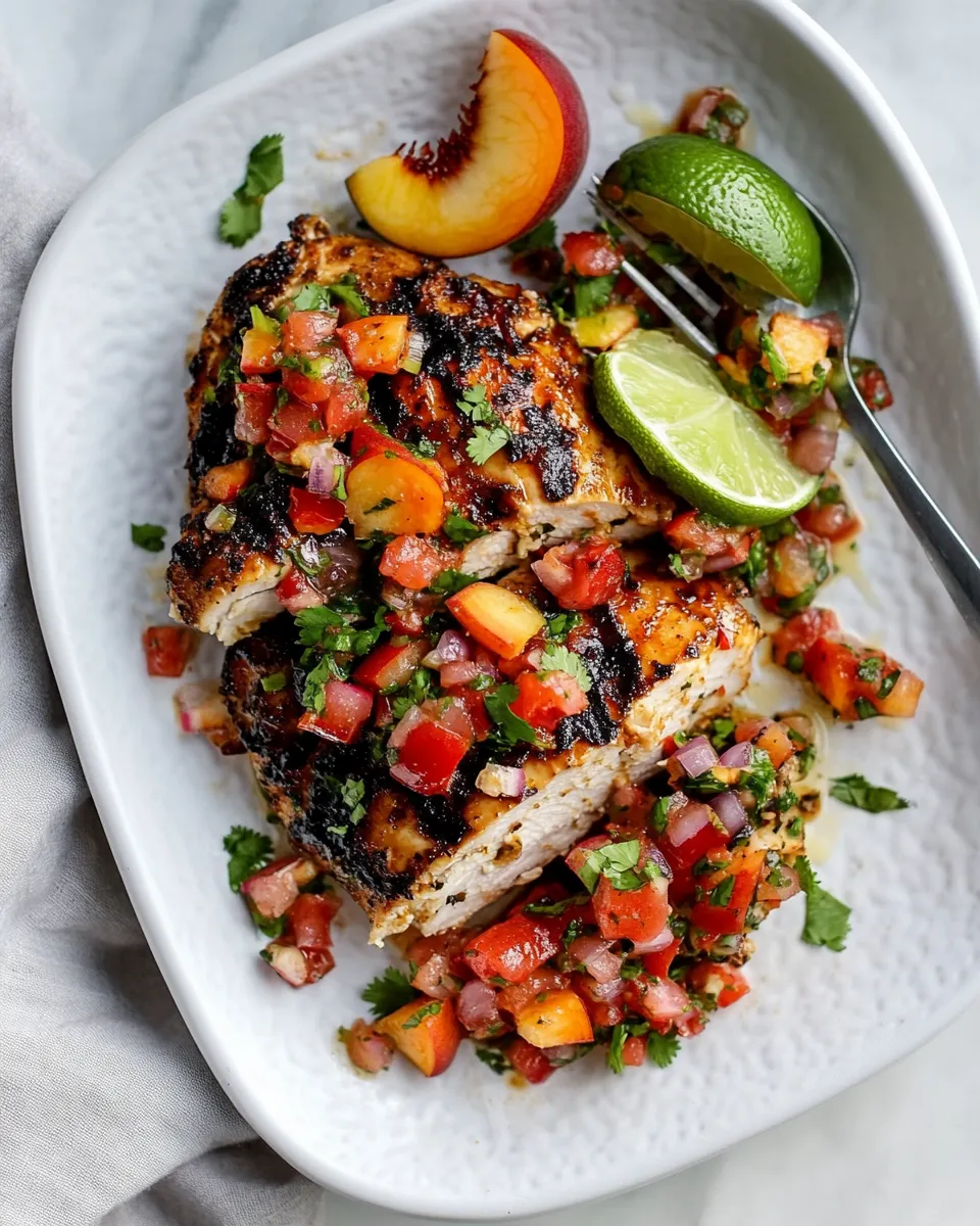 Delicious Grilled Cilantro Lime Chicken with Peach Pico de Gallo. plate image