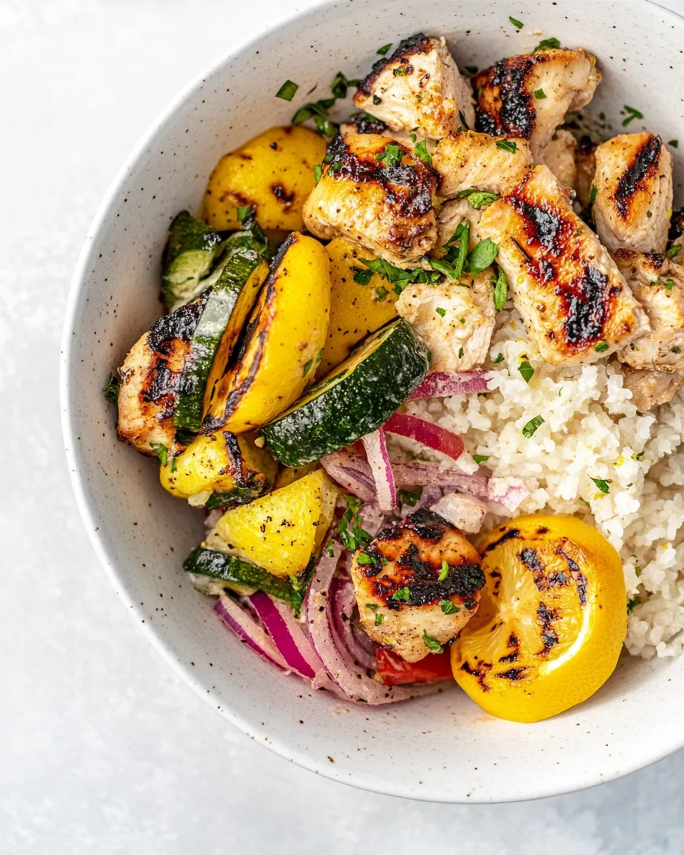 Delicious Grilled Lemonade Chicken Bowls. food shot