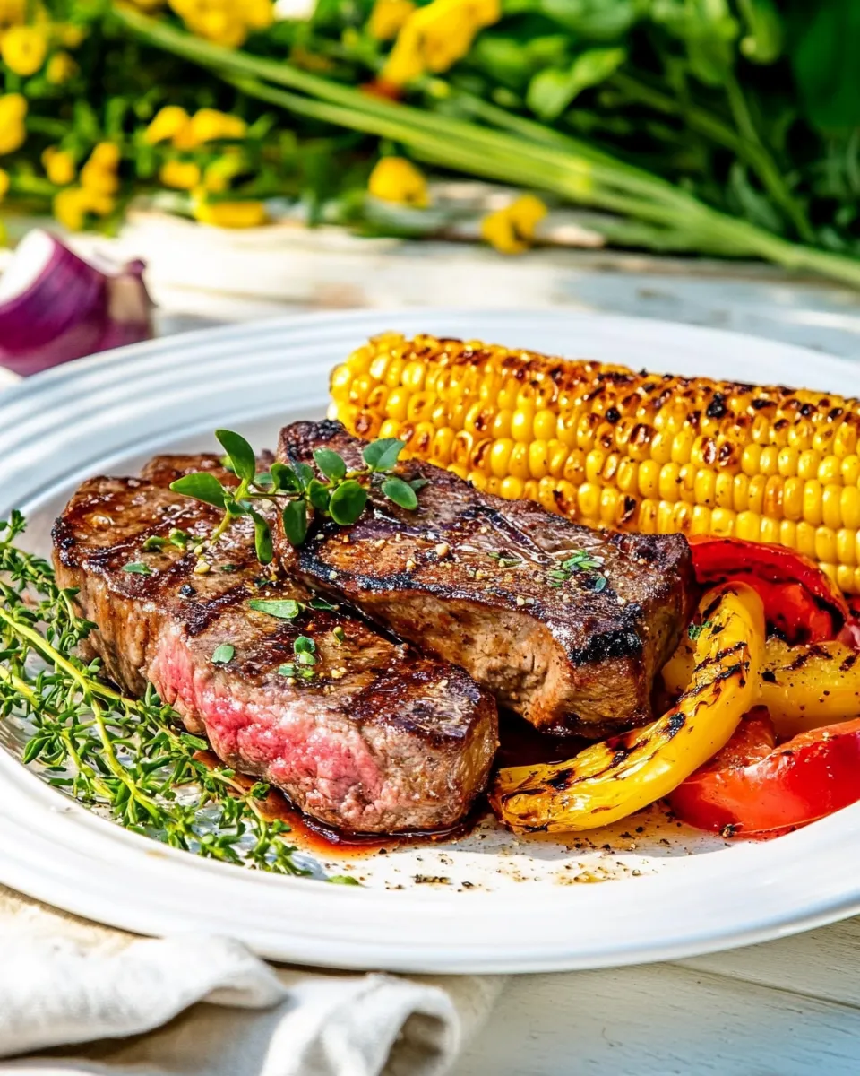 Tasty Grilled One-Minute Steak and Paprika Corn on the Cob food shot