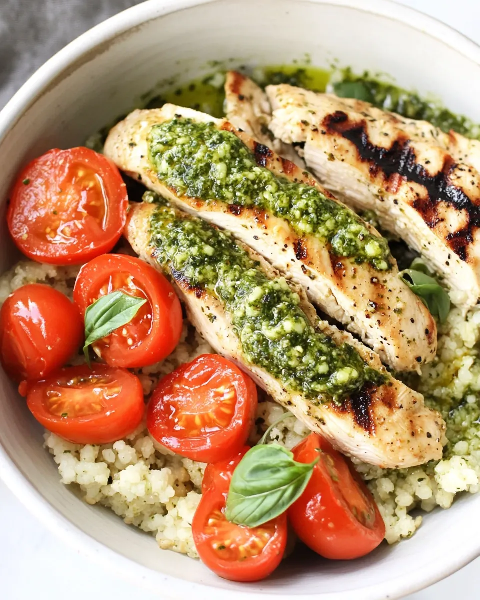 Delicious Grilled Pesto Chicken Couscous Bowls food shot