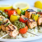 Homemade Grilled Salmon Kabobs with Pesto food shot