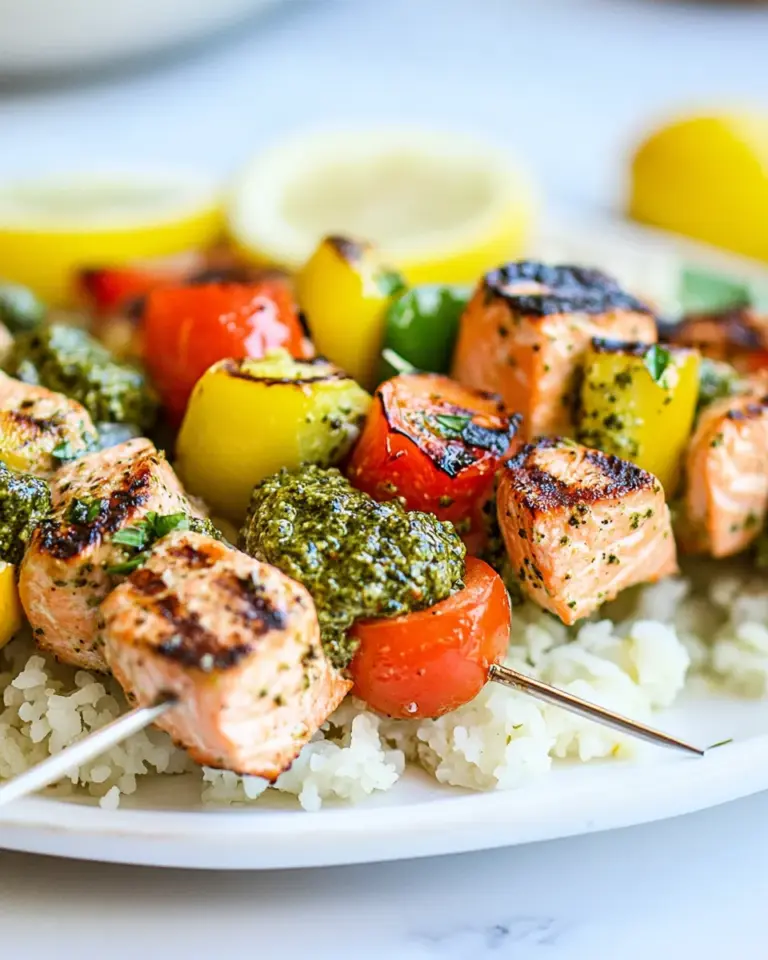 Homemade Grilled Salmon Kabobs with Pesto food shot