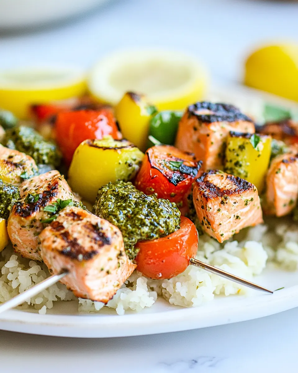 Homemade Grilled Salmon Kabobs with Pesto food shot