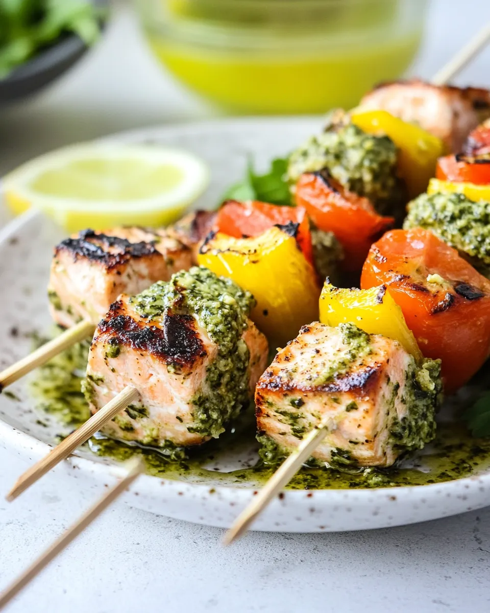 Classic Grilled Salmon Kabobs with Pesto recipe image