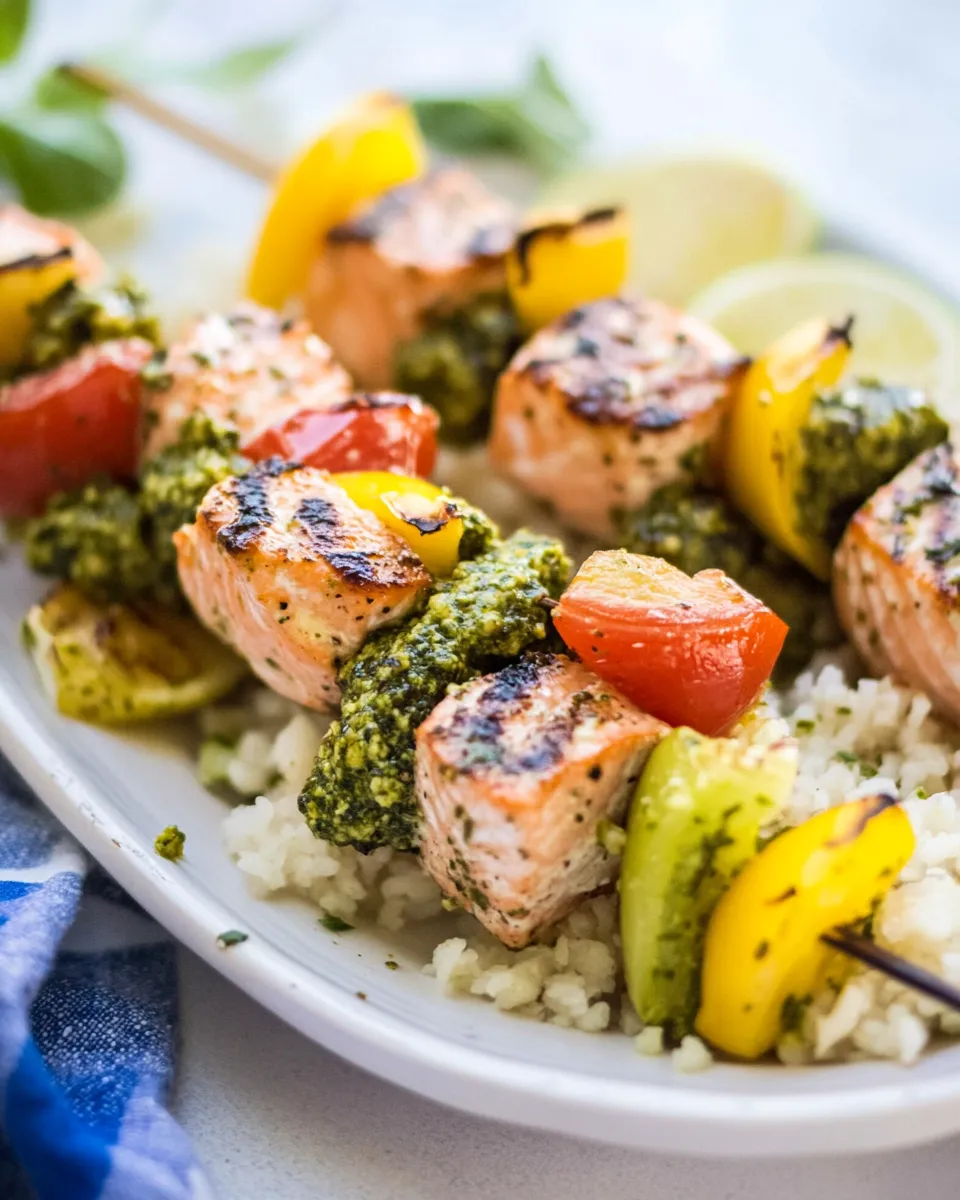 Delicious Grilled Salmon Kabobs with Pesto plate image