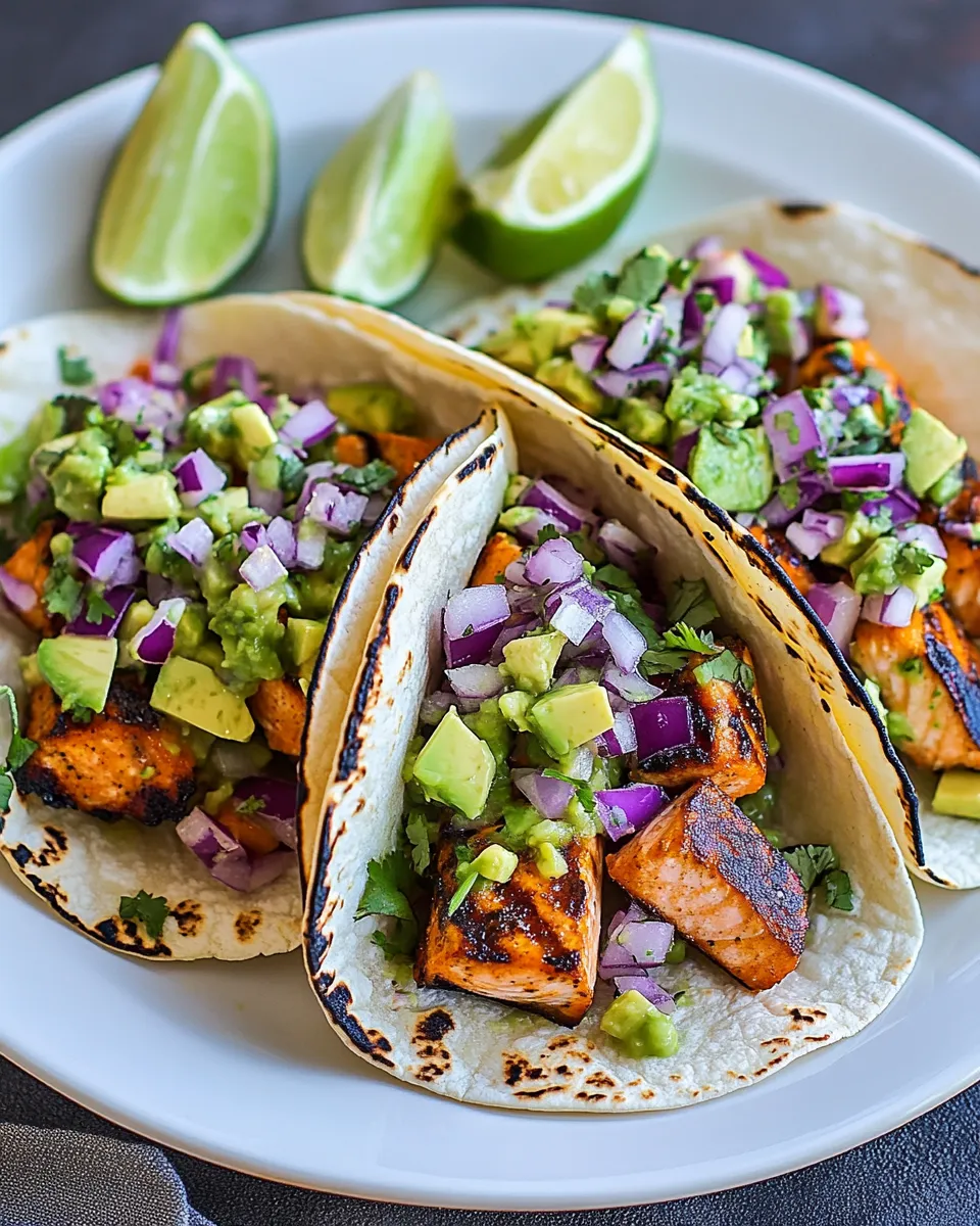 Classic Grilled Salmon Tacos with Avocado Salsa dish photo