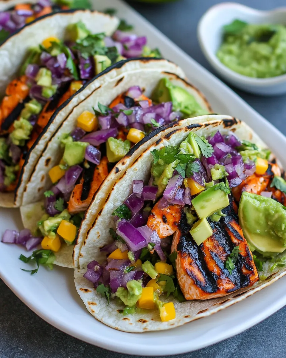 Easy Grilled Salmon Tacos with Avocado Salsa food shot