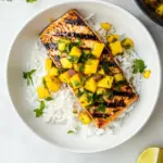 Homemade Grilled Salmon with Mango Salsa & Coconut Rice. recipe photo