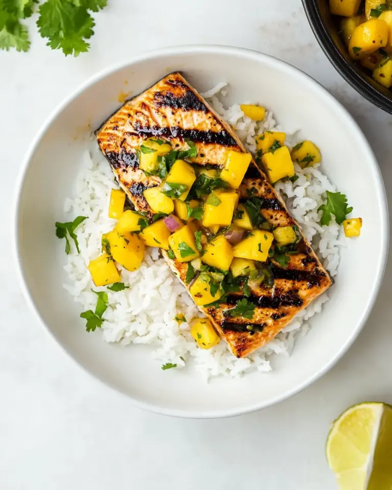 Homemade Grilled Salmon with Mango Salsa & Coconut Rice. recipe photo